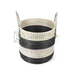 Black & White Striped Seagrass Storage Basket With Straps Wholesale
